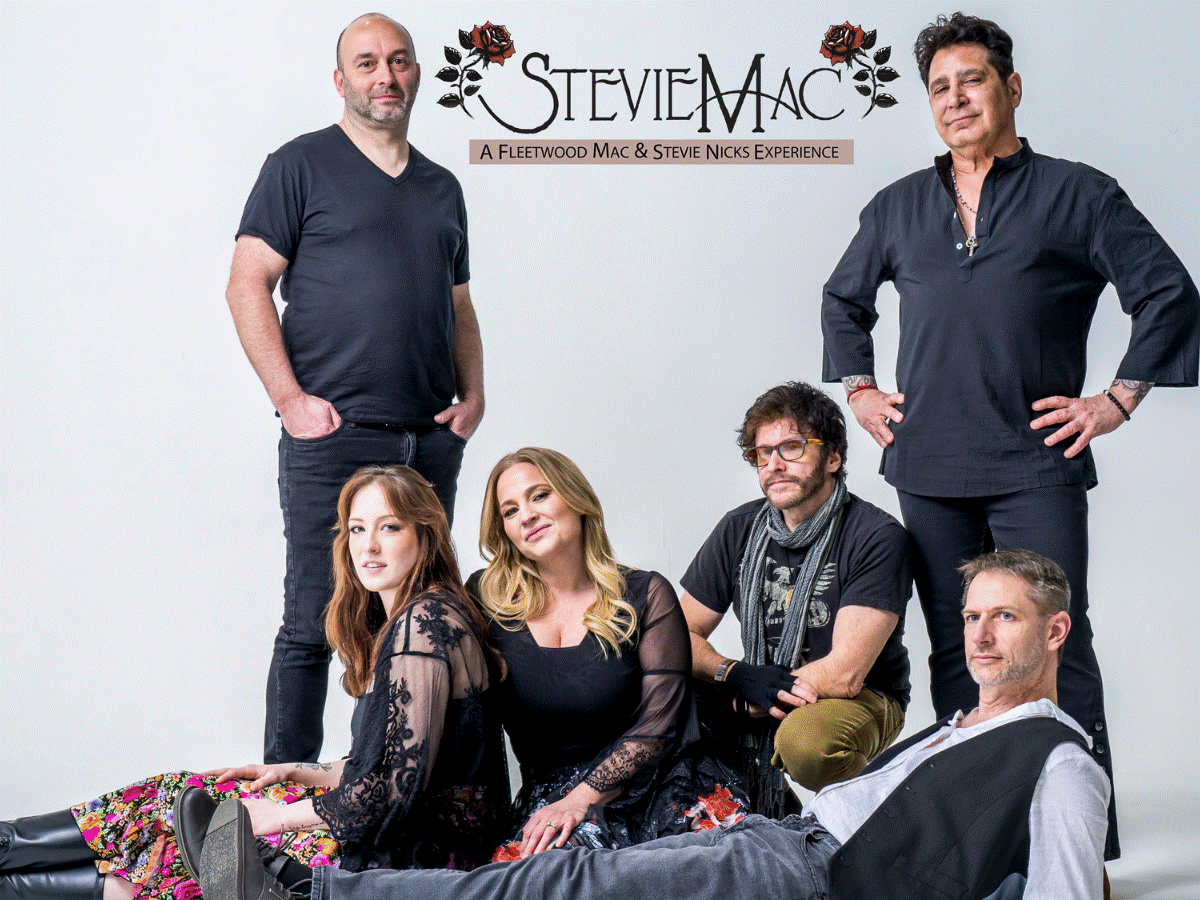 Six-member band posing for a promotional photo, logo StevieMac at top against a light backdrop (Fleetwood Mac & Stevie Nicks tribute).