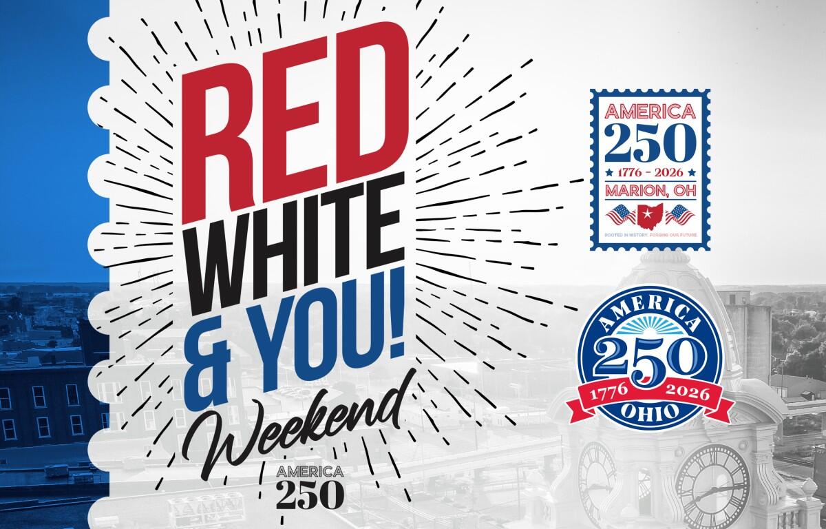 Promotional banner for Red, White & You Weekend with America 250 logos and a blue-gray cityscape background.