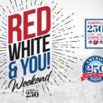 Promotional banner for Red, White & You Weekend with America 250 logos and a blue-gray cityscape background.