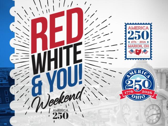 Promotional banner for Red, White & You Weekend with America 250 logos and a blue-gray cityscape background.