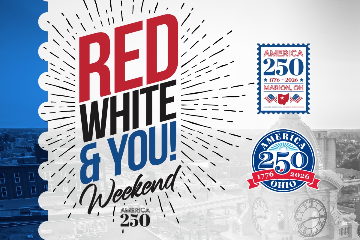 Promotional banner for Red, White & You Weekend with America 250 logos and a blue-gray cityscape background.