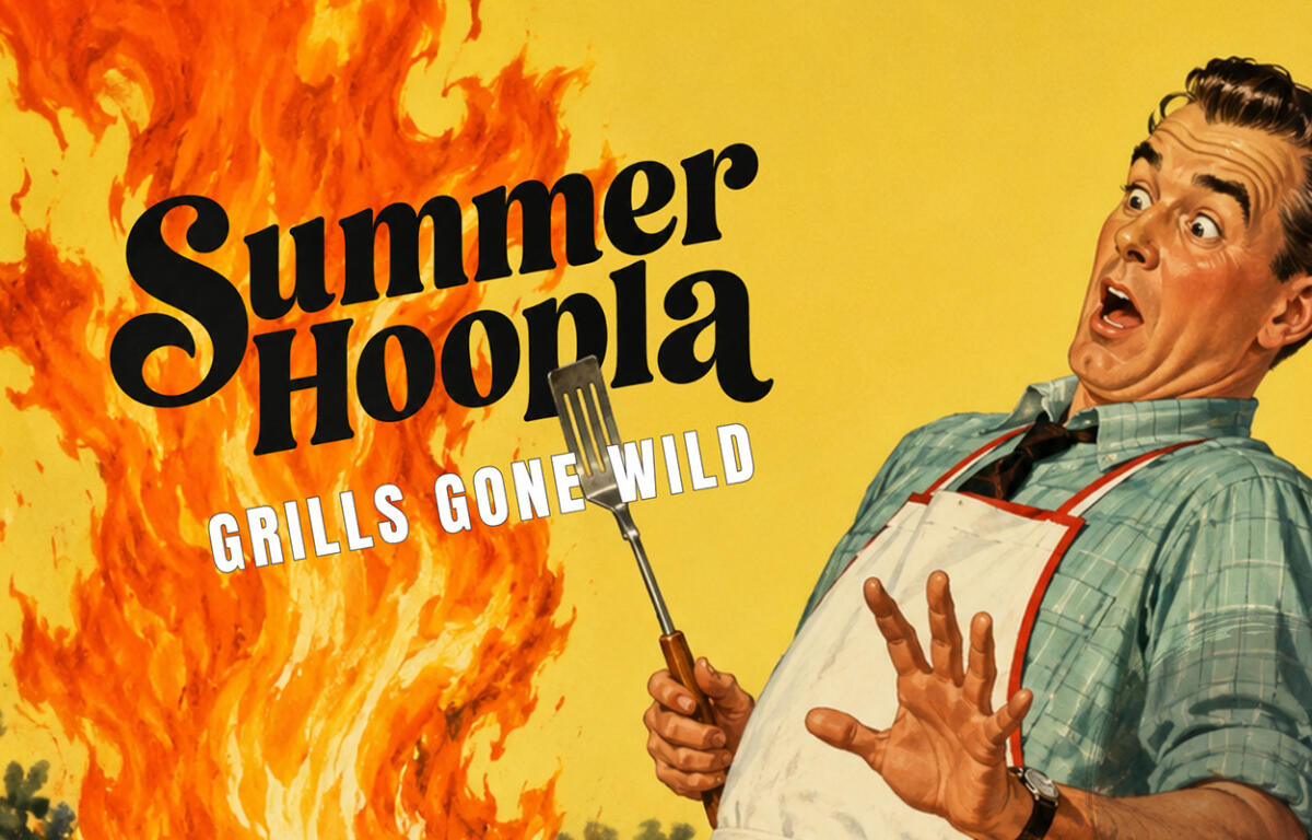 Retro-style poster showing a surprised man in a chef apron against a fiery yellow background with the headline 'Summer Hoopla' and 'Grills Gone Wild'.