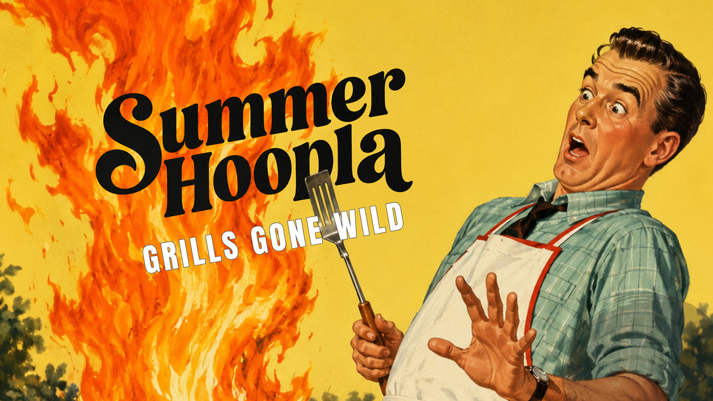Retro-style poster showing a surprised man in a chef apron against a fiery yellow background with the headline 'Summer Hoopla' and 'Grills Gone Wild'.
