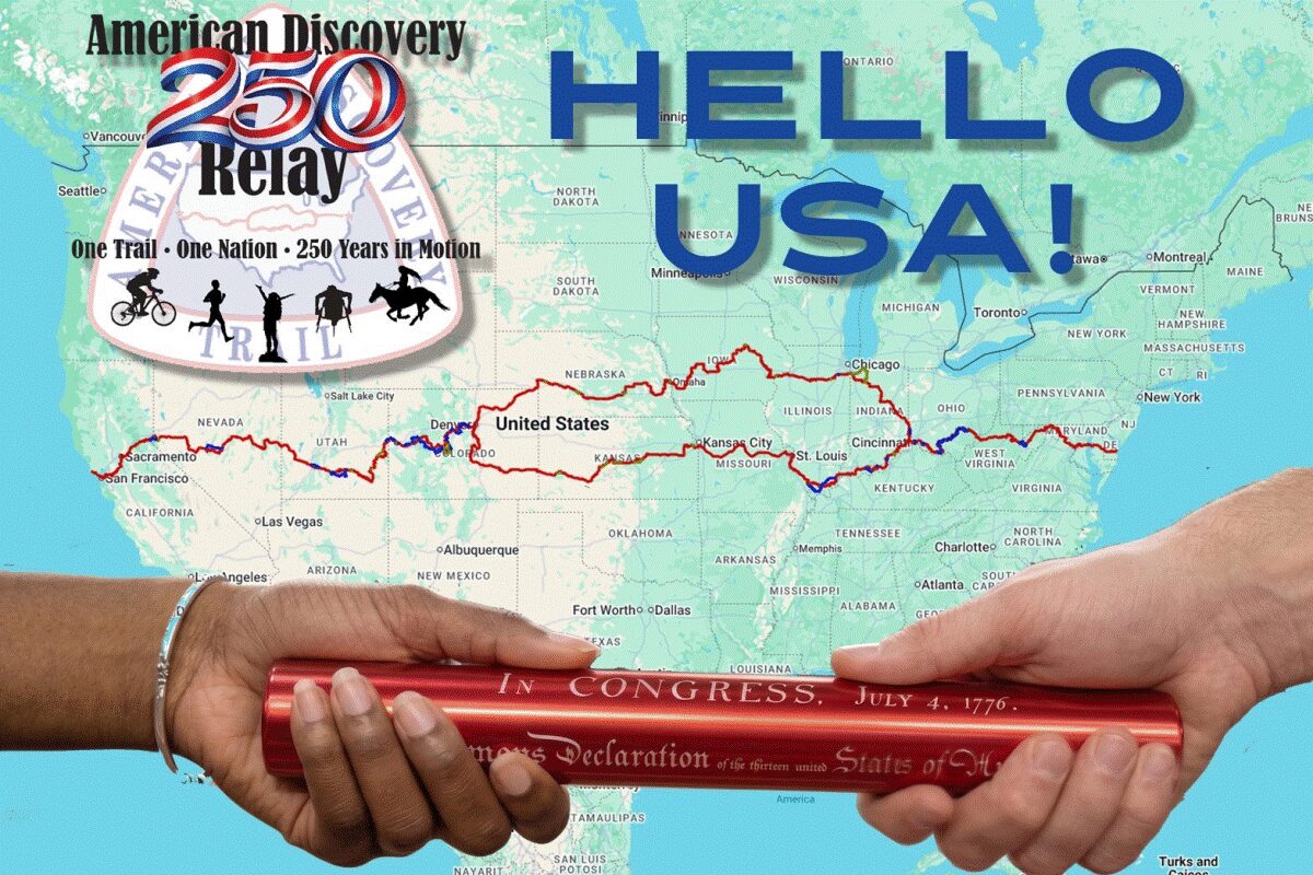 Two hands pass a red baton over a map of the United States, with a 'Hello USA!' backdrop and '250 Relay' emblem on the left.