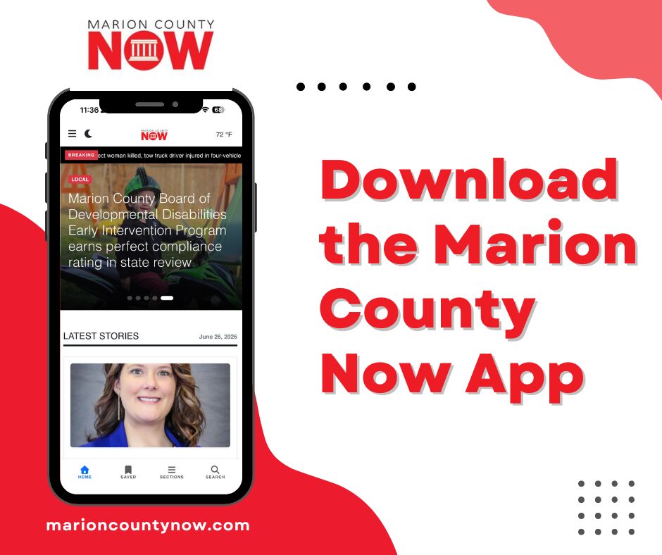 Promo image for the Marion County Now app, featuring a smartphone screen and the bold headline 'Download the Marion County Now App' with marioncountynow.com at the bottom left.