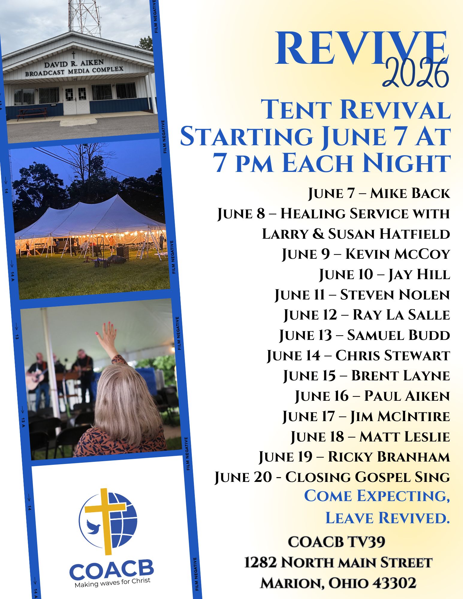 Poster advertising Revive 2026 Tent Revival with a June schedule and church imagery on the left panel.