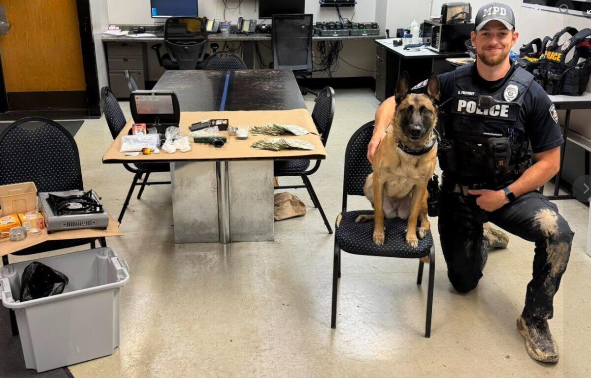 Police officer in tactical vest kneels beside a seated police dog in a room with an evidence table showing cash, bags, and other seized items laid out.",
