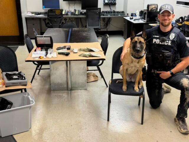 Police officer in tactical vest kneels beside a seated police dog in a room with an evidence table showing cash, bags, and other seized items laid out.",