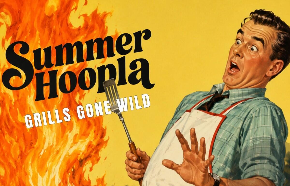 Retro poster with a man in an apron and shirt on a yellow background, flames and bold titles 'Summer Hoopla' and 'Grills Gone Wild' as he holds a spatula, looking shocked.
