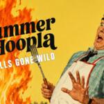 Retro poster with a man in an apron and shirt on a yellow background, flames and bold titles 'Summer Hoopla' and 'Grills Gone Wild' as he holds a spatula, looking shocked.