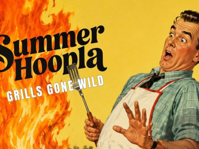Retro poster with a man in an apron and shirt on a yellow background, flames and bold titles 'Summer Hoopla' and 'Grills Gone Wild' as he holds a spatula, looking shocked.