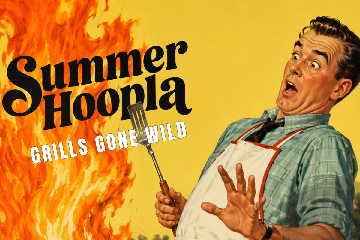 Retro poster with a man in an apron and shirt on a yellow background, flames and bold titles 'Summer Hoopla' and 'Grills Gone Wild' as he holds a spatula, looking shocked.