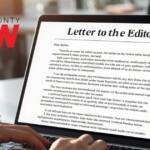 Laptop screen shows a 'Letter to the Editor' document, with a Marion County NOW logo in bold red on the left.
