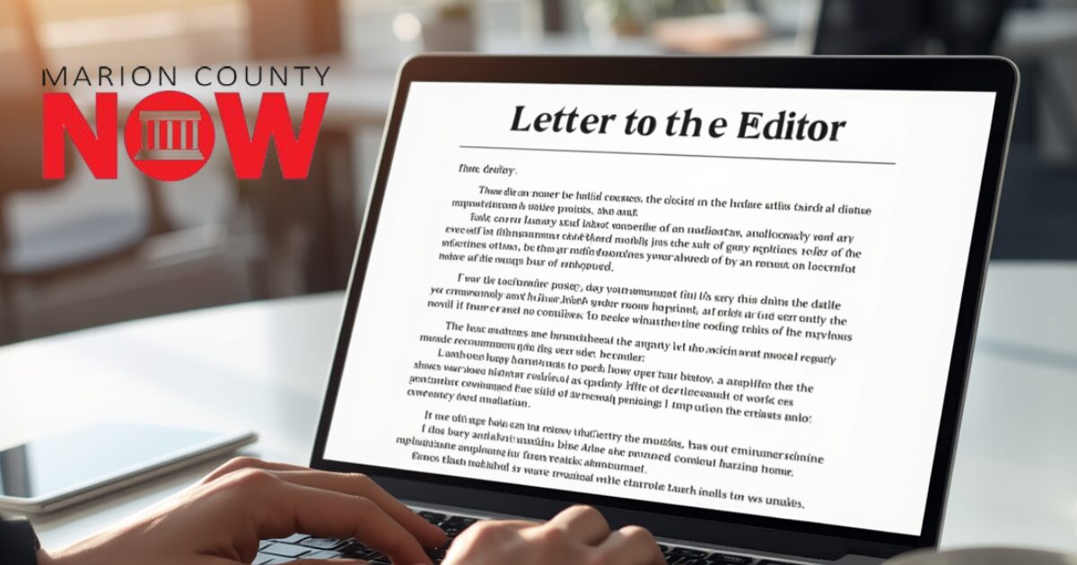 Laptop screen shows a 'Letter to the Editor' document, with a Marion County NOW logo in bold red on the left.