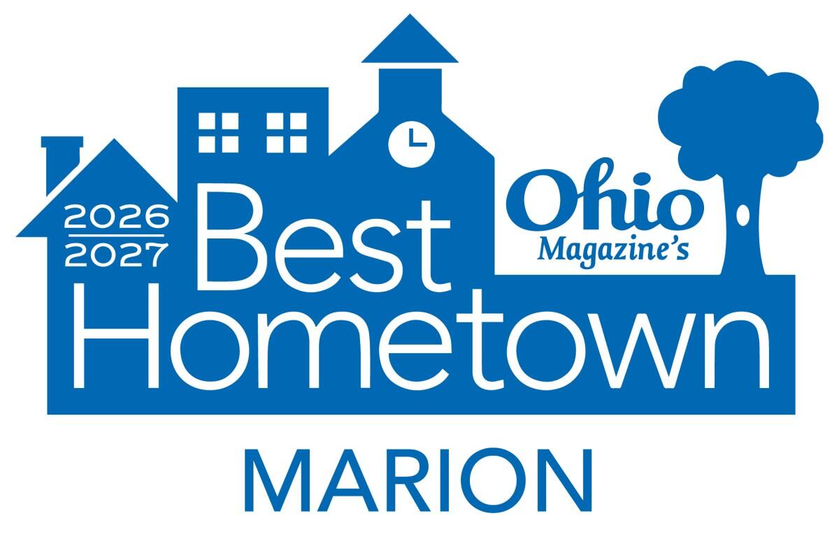 Ohio Magazine's Best Hometown logo with 'Marion' beneath, 2026–2027 badge and town silhouette in blue.