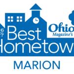 Ohio Magazine's Best Hometown logo with 'Marion' beneath, 2026–2027 badge and town silhouette in blue.