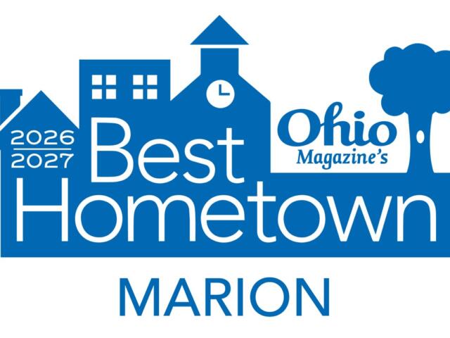 Ohio Magazine's Best Hometown logo with 'Marion' beneath, 2026–2027 badge and town silhouette in blue.