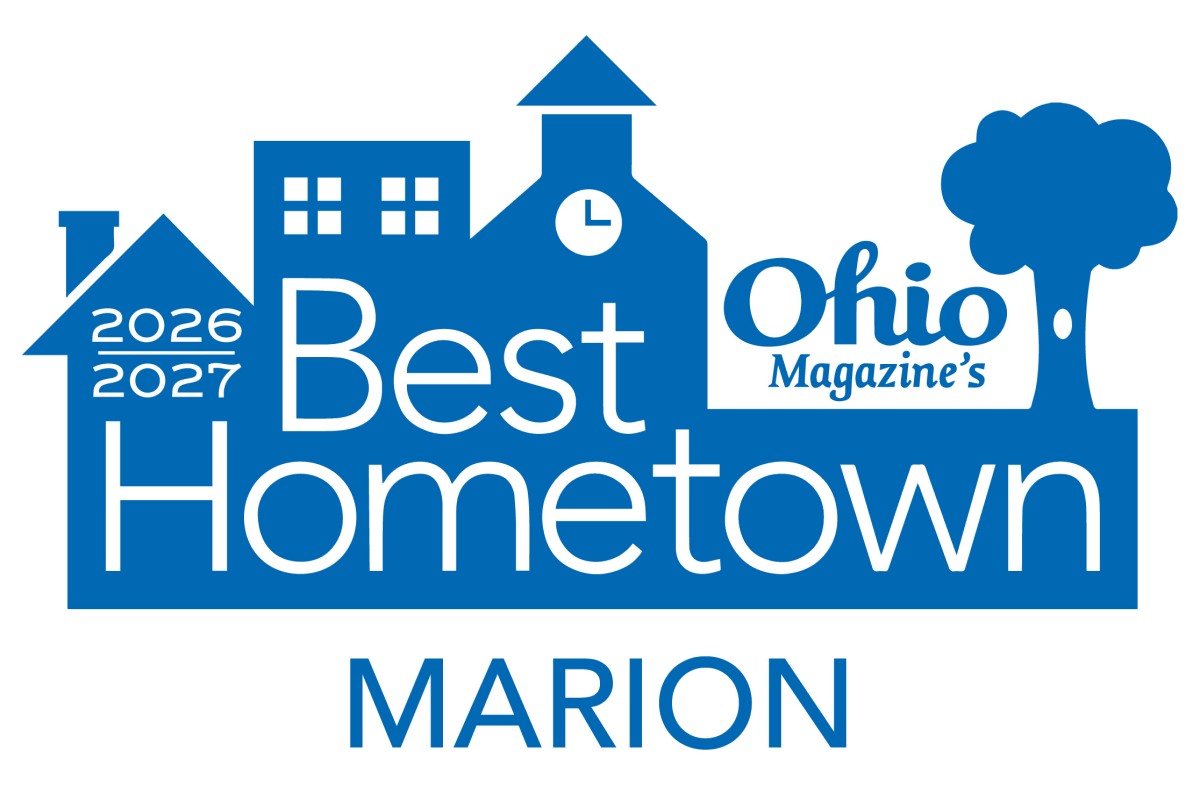 Ohio Magazine's Best Hometown logo with 'Marion' beneath, 2026–2027 badge and town silhouette in blue.