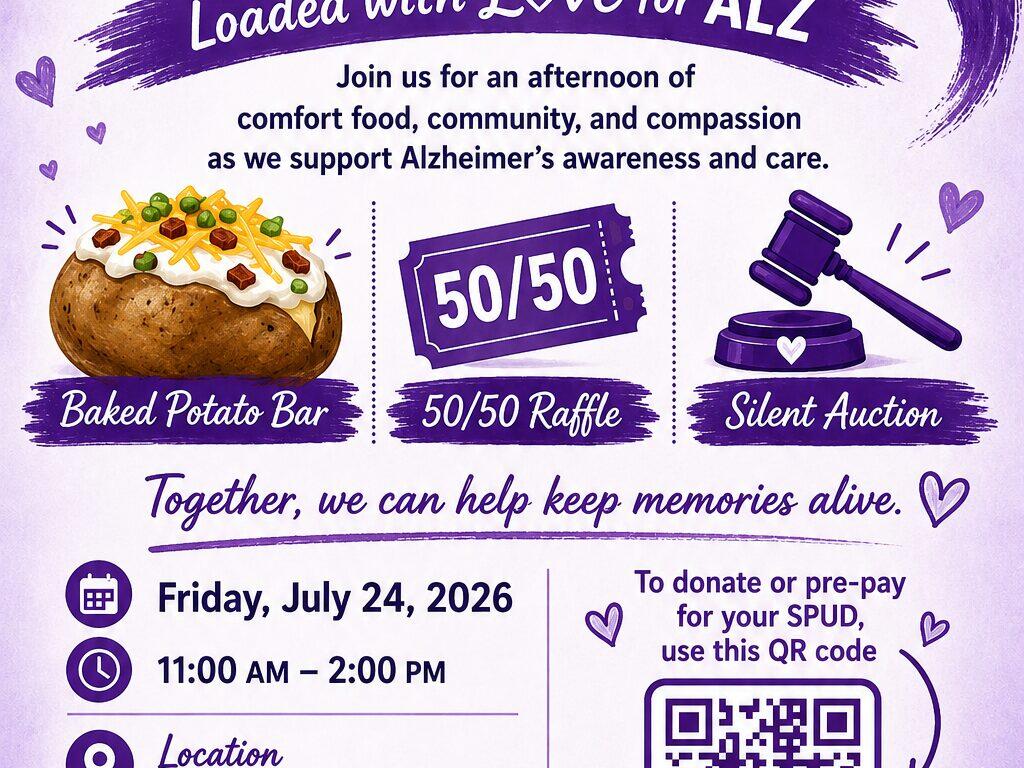 Purple fundraiser poster for SPUD-TACULAR MEMORIES with baked potato bar, 50/50 raffle, and silent auction; includes date, time, and location details for Alzheimer’s awareness support.