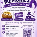 Purple fundraiser poster for SPUD-TACULAR MEMORIES with baked potato bar, 50/50 raffle, and silent auction; includes date, time, and location details for Alzheimer’s awareness support.