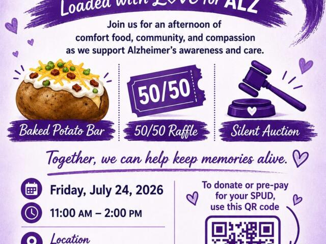 Purple fundraiser poster for SPUD-TACULAR MEMORIES with baked potato bar, 50/50 raffle, and silent auction; includes date, time, and location details for Alzheimer’s awareness support.