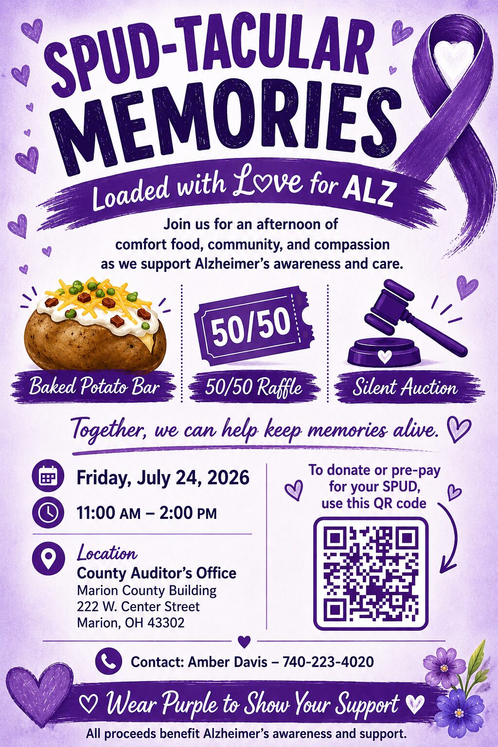 Purple fundraiser poster for SPUD-TACULAR MEMORIES with baked potato bar, 50/50 raffle, and silent auction; includes date, time, and location details for Alzheimer’s awareness support.