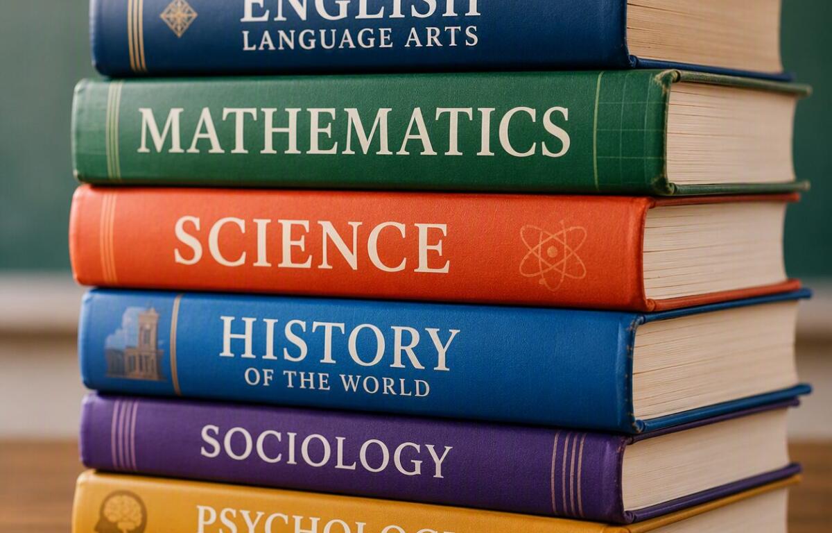 Stack of colorful hardcover textbooks stacked on a table, showing subjects like English, Mathematics, Science, History, Sociology, and Psychology (An Introduction).