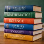 Stack of colorful hardcover textbooks stacked on a table, showing subjects like English, Mathematics, Science, History, Sociology, and Psychology (An Introduction).