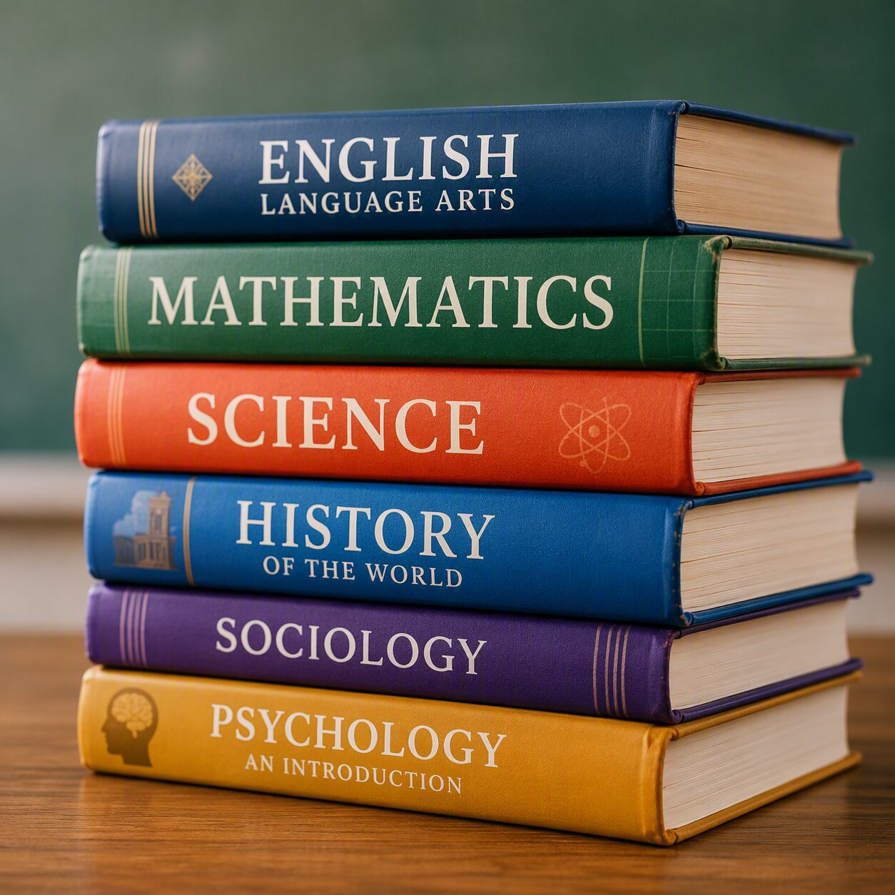 Stack of colorful hardcover textbooks stacked on a table, showing subjects like English, Mathematics, Science, History, Sociology, and Psychology (An Introduction).
