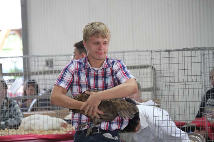 Young man in a plaid shirt gently holding a brown chicken inside a wire pen at an indoor expo venue.