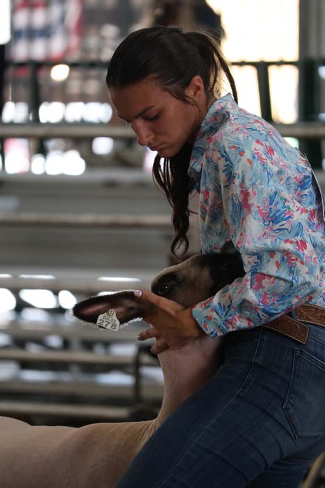 Woman in a blue floral shirt holds the head of a light brown sheep with an ear tag at a livestock show.