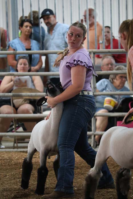 Young woman in a purple ruffled shirt standing with a white sheep at a livestock show, spectators in the stands behind them