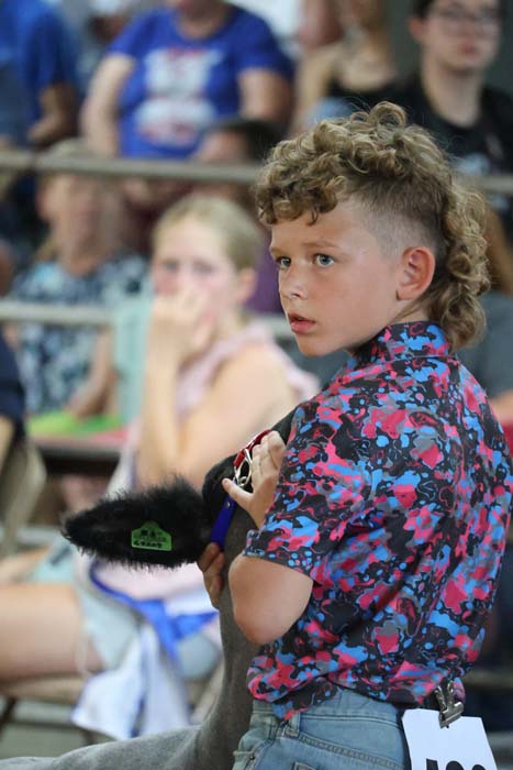 Boy with a curly mullet and a bright patterned shirt stands at a podium or table, holding a microphone windscreen while looking to the side at a crowded event venue.