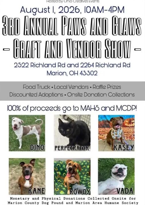 Poster for the 3rd Annual Paws and Claws Craft and Vendor Show, Aug 1, 2026, 10am–4pm, Marion, OH, with six dogs pictured.