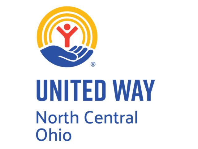 United Way North Central Ohio logo: orange arc over blue hands cradling a red person, with blue text reading 'UNITED WAY North Central Ohio'