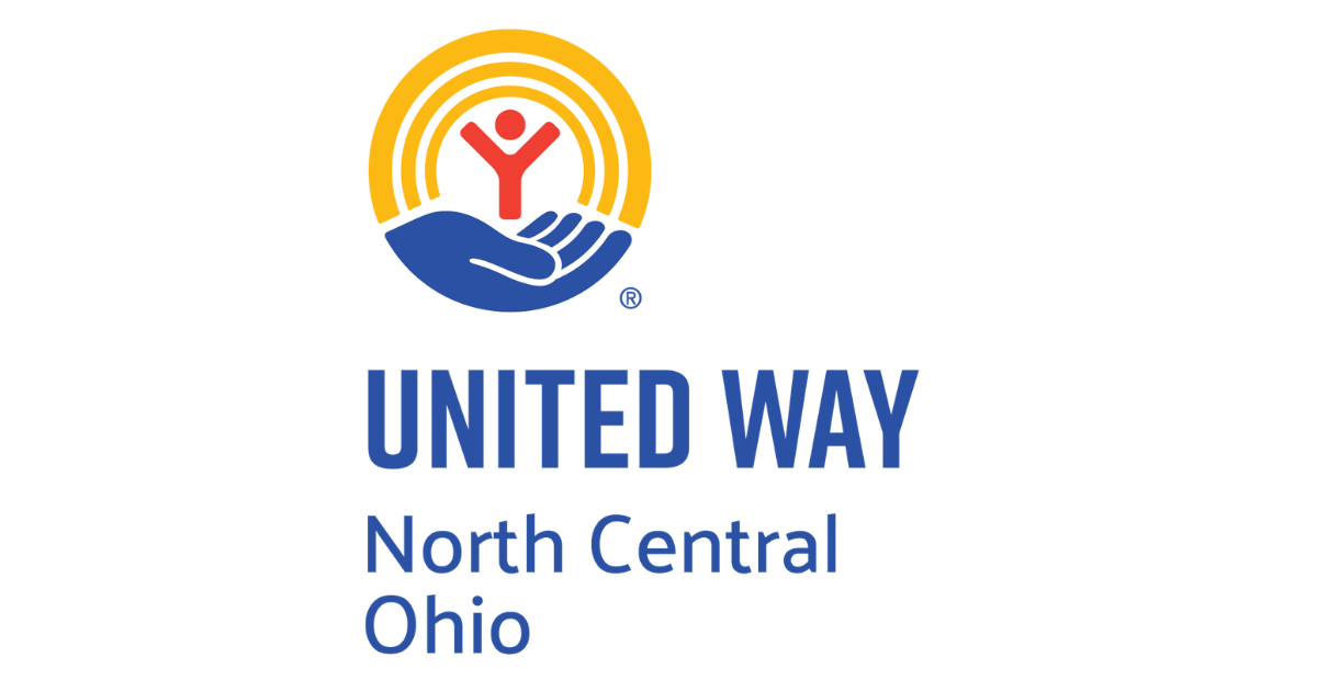 United Way North Central Ohio logo: orange arc over blue hands cradling a red person, with blue text reading 'UNITED WAY North Central Ohio'
