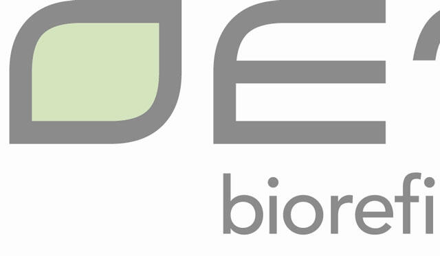 Biorefining company logo with gray stylized letters and a pale green leaf motif, and the word 'biorefining' beneath.